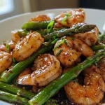 A close-up view of shrimp and asparagus stir-fry on a white plate, glistening with sauce.