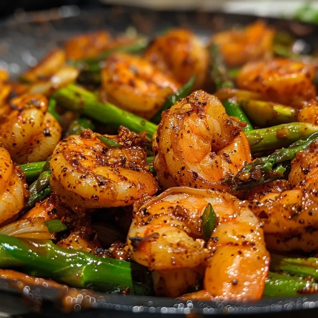 Side view of vibrant shrimp and green asparagus stir-fry, showcasing rich colors and textures.