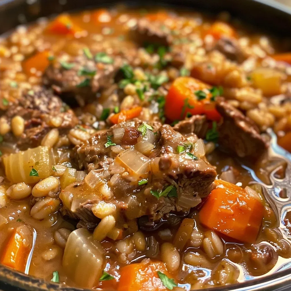A steaming bowl of beef barley soup featuring tender beef and fresh carrots, shot from the side.