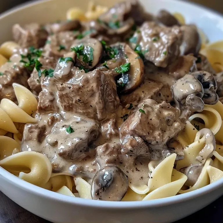 Hearty Comfort: The Slow Cooker Beef Stroganoff That Warms the Soul A close-up view of a bowl of beef stroganoff featuring tender beef, mushrooms, and creamy sauce over egg noodles.