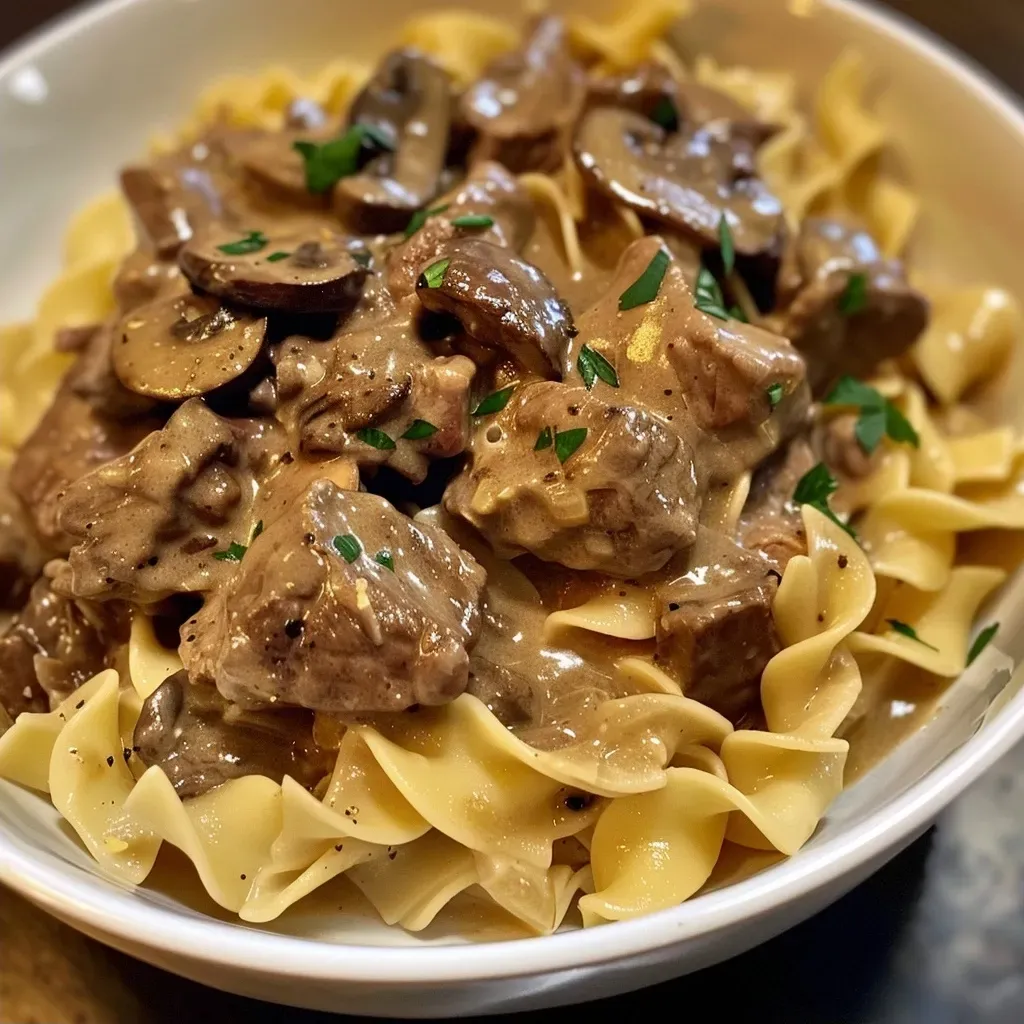 Side photo of a serving of slow cooker beef stroganoff, showing hearty chunks of meat and sliced mushrooms in a creamy sauce.
