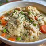 Close-up view of a bowl filled with slow cooker chicken and dumplings, featuring tender chicken and fluffy dumplings.