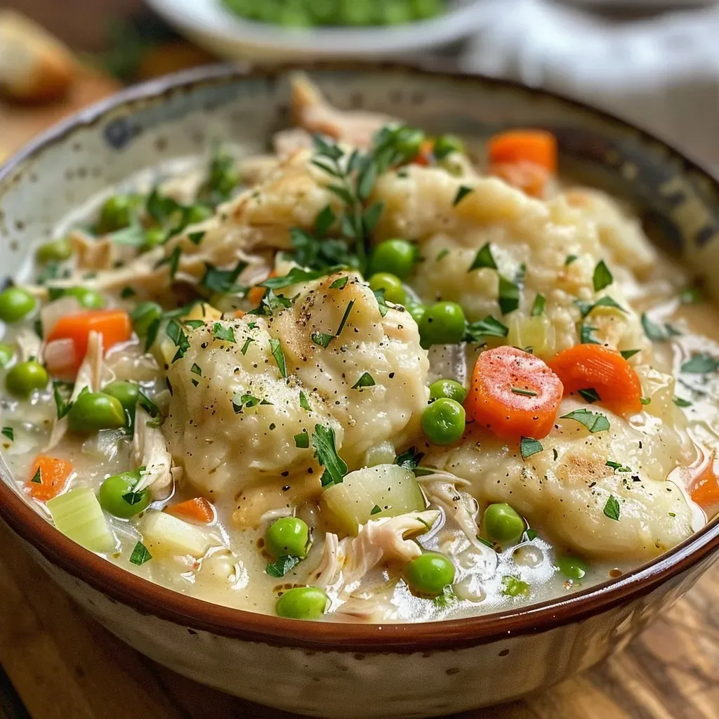 Side view of a steaming dish of chicken and dumplings, showcasing juicy chicken pieces and colorful vegetables.