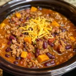 Close-up of a hearty pumpkin chili dish topped with cheese and served with cornbread.