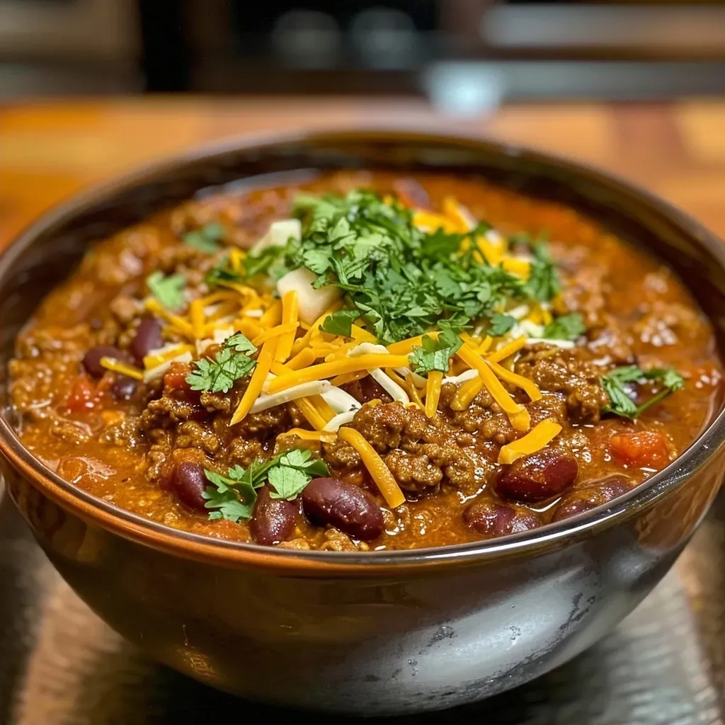 Side view of a steaming bowl of pumpkin chili with ground beef and beans, garnished with cheddar.