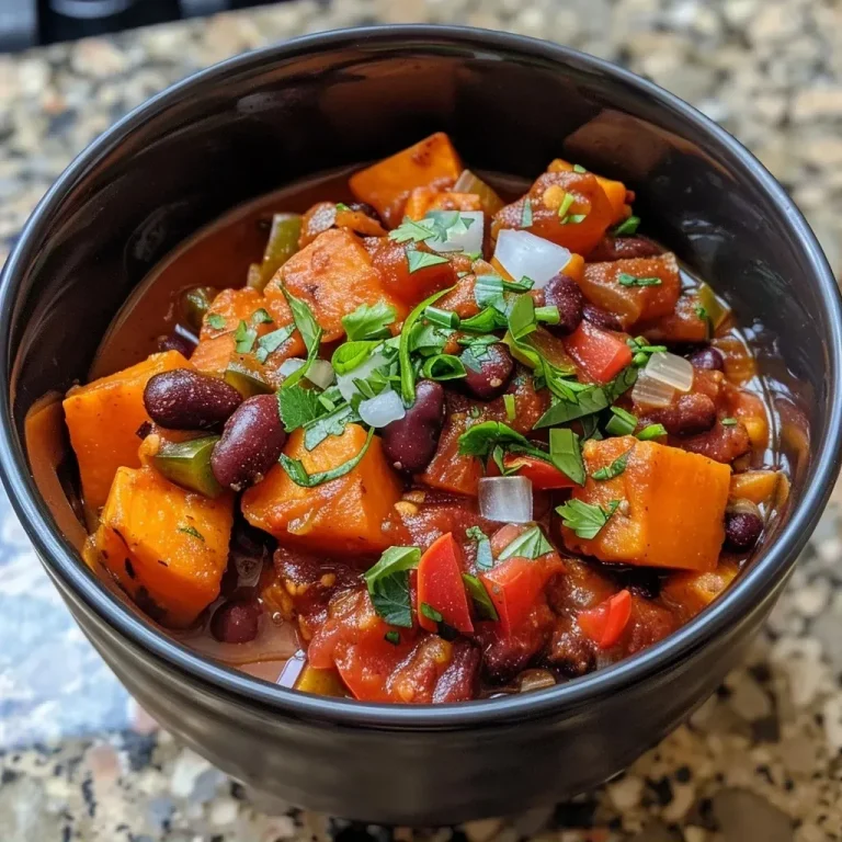 Gather ‘Round: How Slow Cooker Sweet Potato Chili Became Our Cozy Family Tradition Close-up view of a hearty bowl of sweet potato chili with diced vegetables and beans.