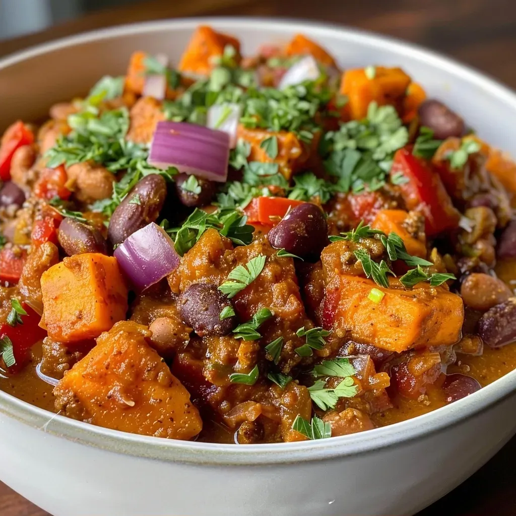 Side perspective of a vibrant slow cooker chili featuring sweet potatoes and colorful bell peppers.