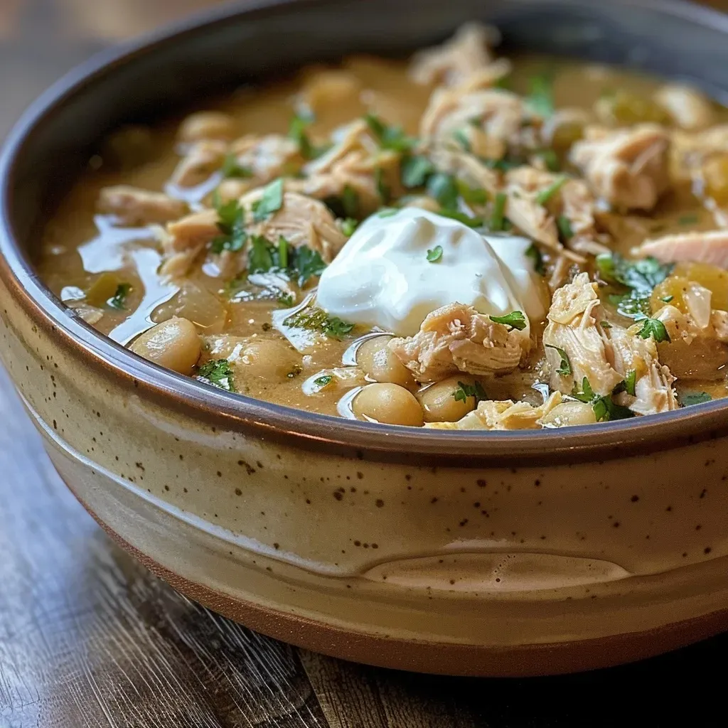 Close-up of a bowl of Slow Cooker White Chicken Chili, showing chicken, beans, and garnishes.