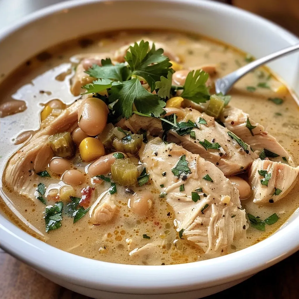 Side view of a creamy white chicken chili, featuring chunks of chicken and vegetables.