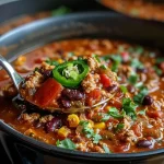Close-up side view of a bowl of Smoky Chipotle Turkey Chili garnished with toppings.
