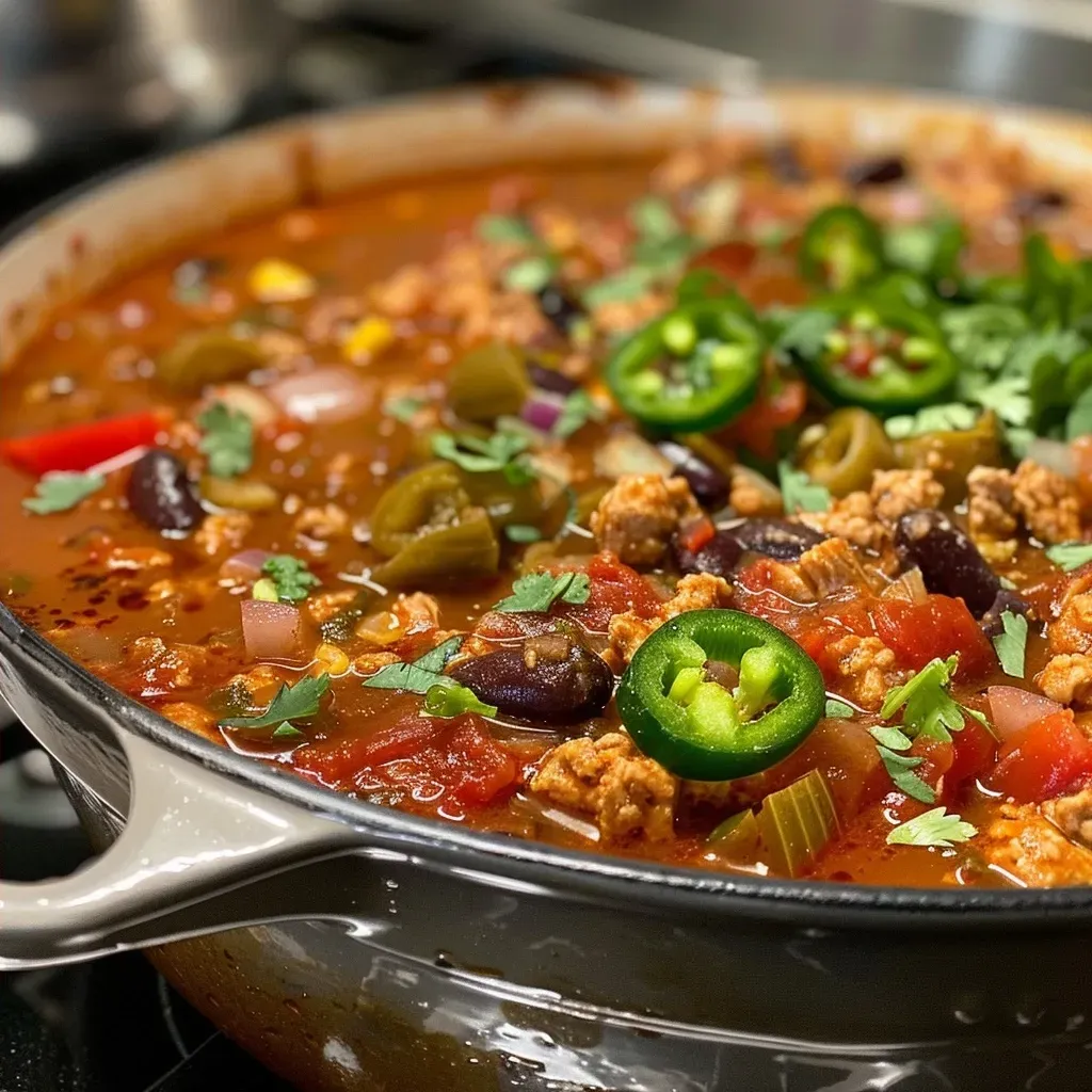 A vibrant serving of Smoky Chipotle Turkey Chili in a bowl, featuring diced vegetables and soups.