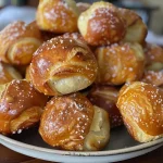 Close-up view of a plate of soft pretzel bites, golden-brown and sprinkled with coarse salt.