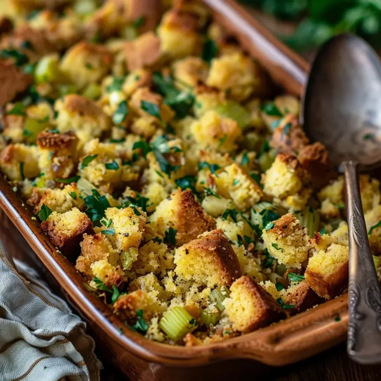 Gather ‘Round: The Southern Cornbread Dressing That Makes Every Meal a Celebration Close-up view of juicy Southern Cornbread Dressing in a dish.