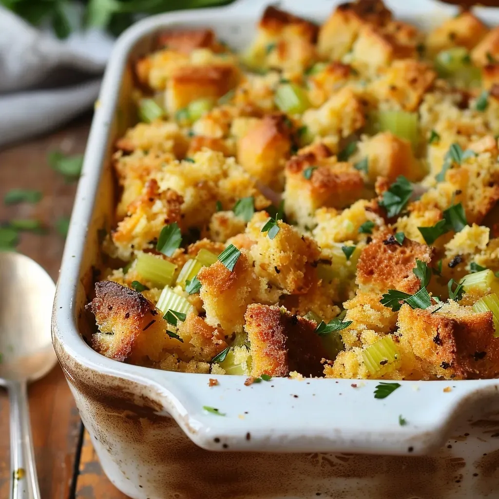 Side view of homemade Southern Cornbread Dressing with visible ingredients.