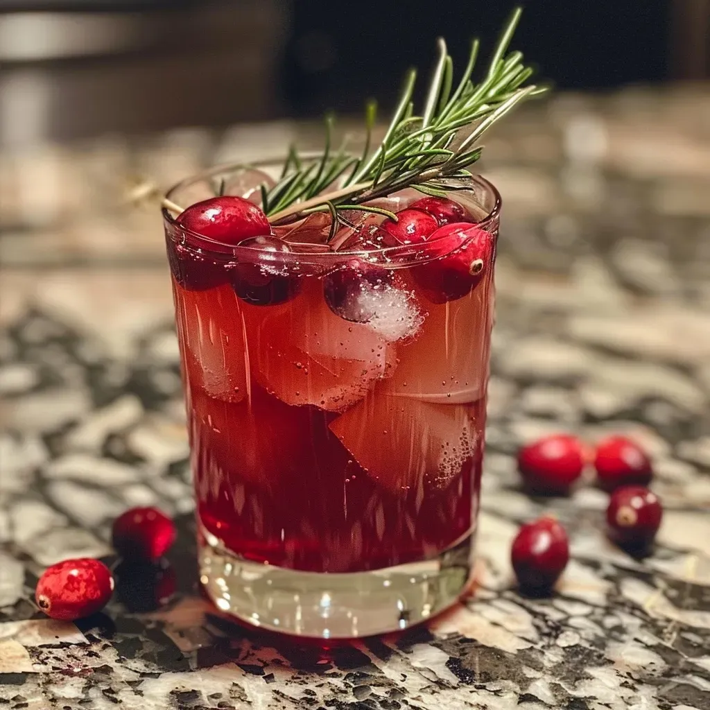 Side view of a vibrant mocktail featuring cranberry juice and soda garnished with herbs.