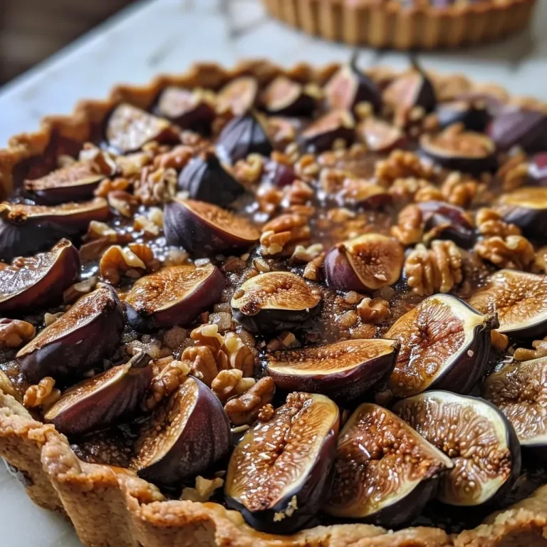 Close-up side view of a Spiced Fig and Walnut Tart with a golden crust and garnished with orange zest.