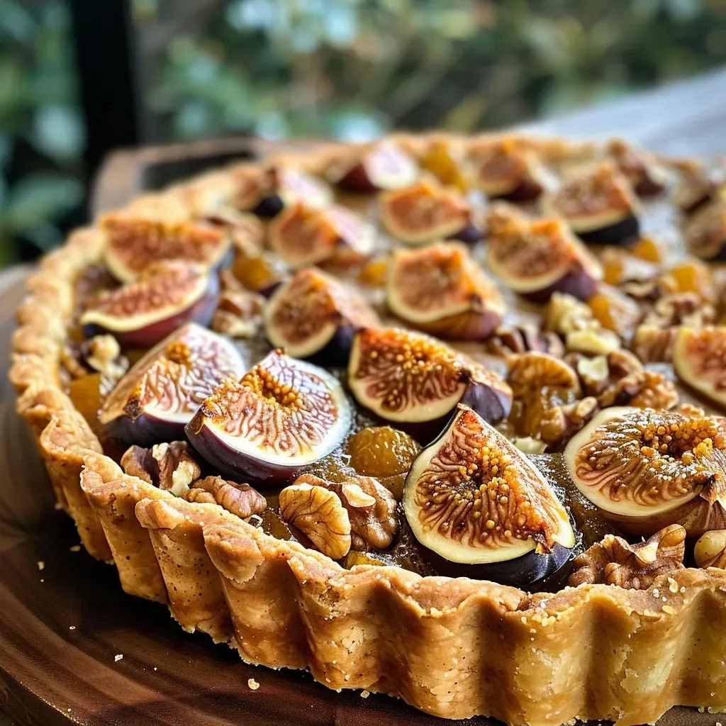 A delectable slice of Spiced Fig and Walnut Tart showcasing the rich filling and nutty topping.