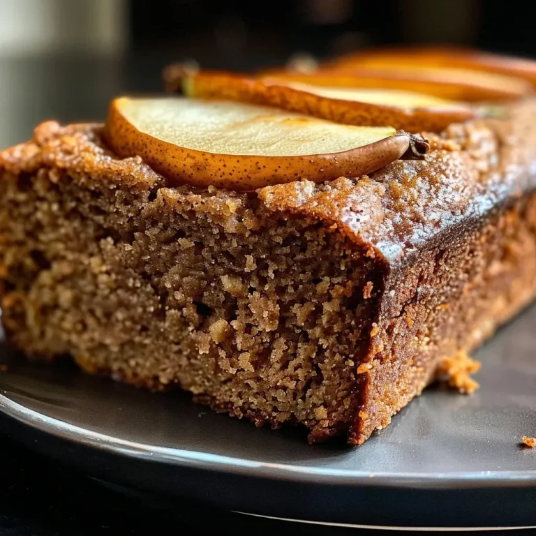 A Slice of Autumn: The Spiced Pear Bread That Enlivens Every Gathering A close-up side view of a sliced spiced pear bread showing juicy pear chunks and a golden crust.