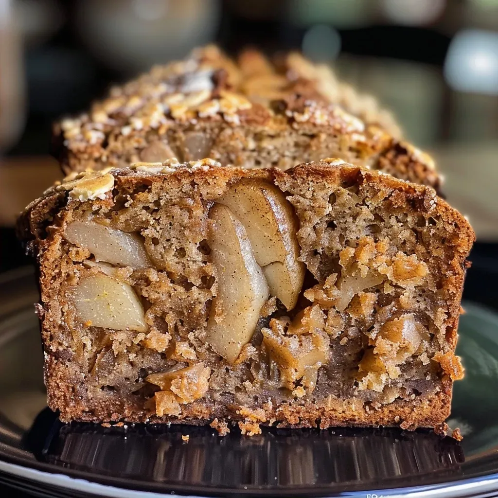 A detailed shot of spiced pear bread revealing its moist texture and visible spices.