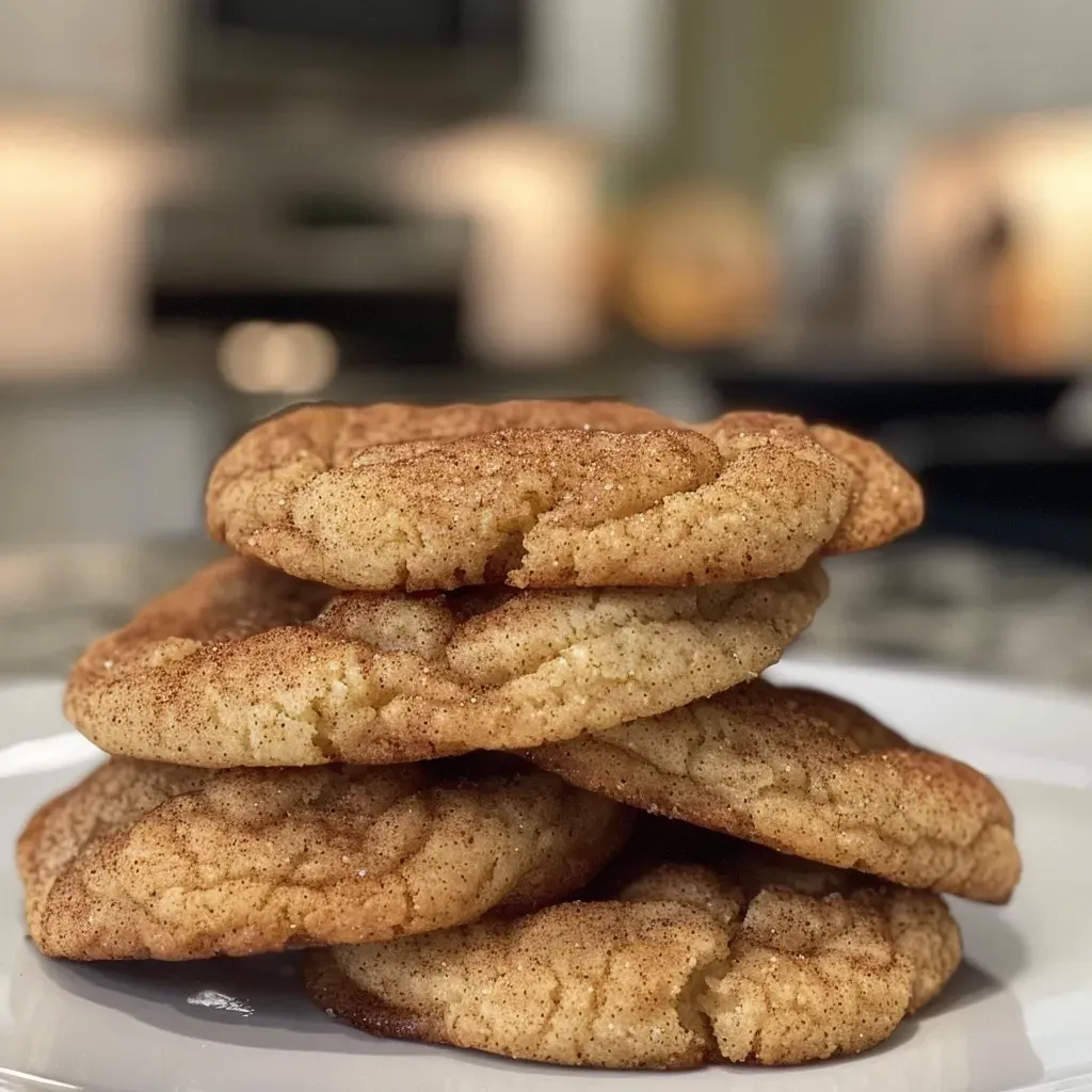 Close-up view of freshly baked Spiced Snickerdoodles with a golden-brown surface.