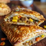 A close-up of a golden-brown spiced turkey-vegetable hand pie, showcasing flaky layers and a filling of turkey and vegetables.