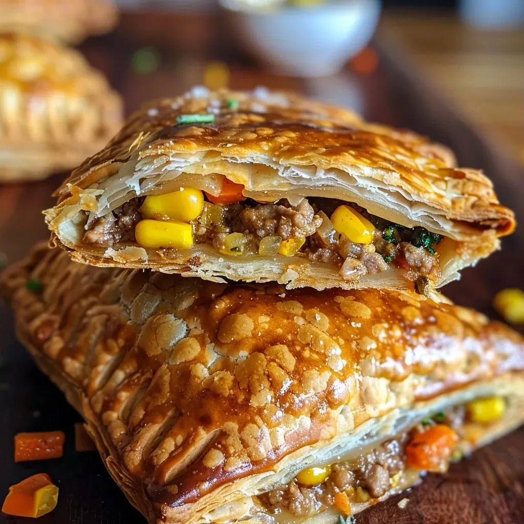 A close-up of a golden-brown spiced turkey-vegetable hand pie, showcasing flaky layers and a filling of turkey and vegetables.
