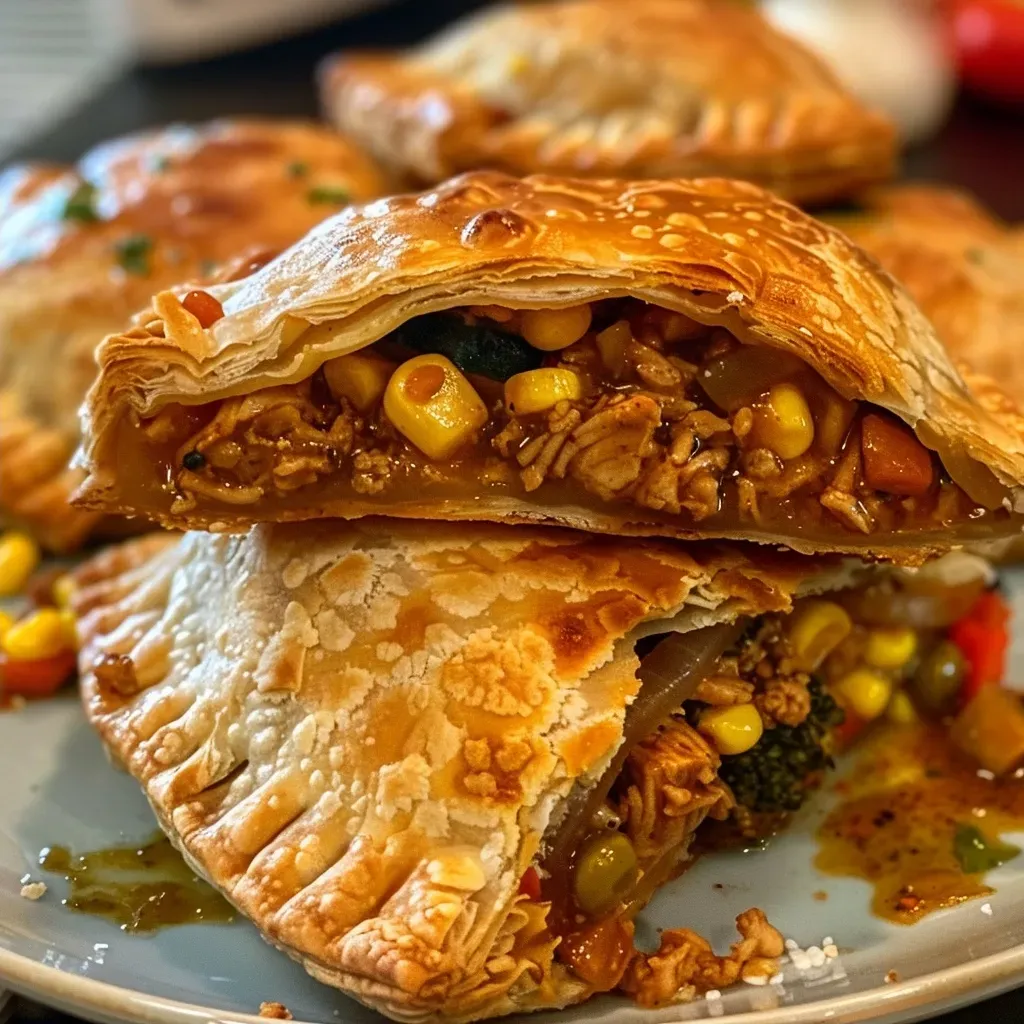 Side view of a delicious spiced turkey hand pie, with visible ingredients like corn and broccoli peeking through the crispy crust.