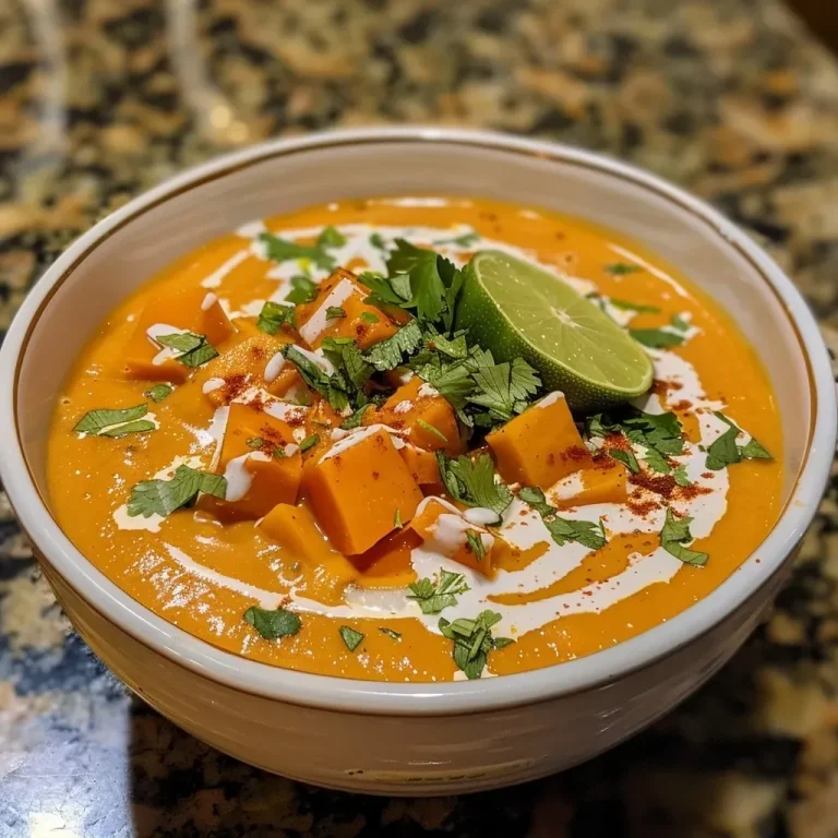 A Warm Embrace in a Bowl: Quick Spicy Sweet Potato Soup to Ignite Your Taste Buds Close-up view of a bowl of spicy sweet potato soup garnished with cilantro and lime.