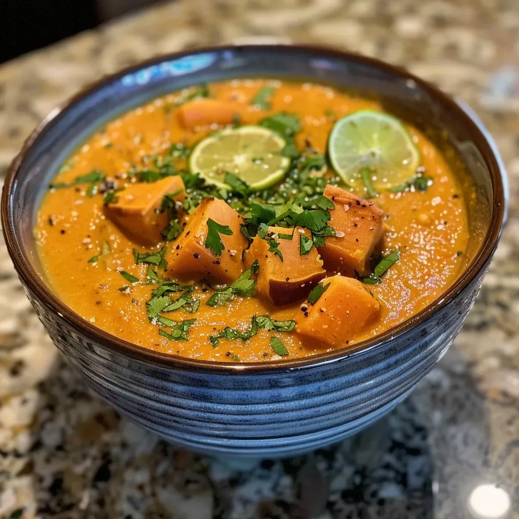 Side perspective of a creamy spicy sweet potato soup with visible chunks of sweet potato and tomato.