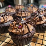 Close-up view of spider-themed cupcakes decorated with chocolate and pretzel legs.