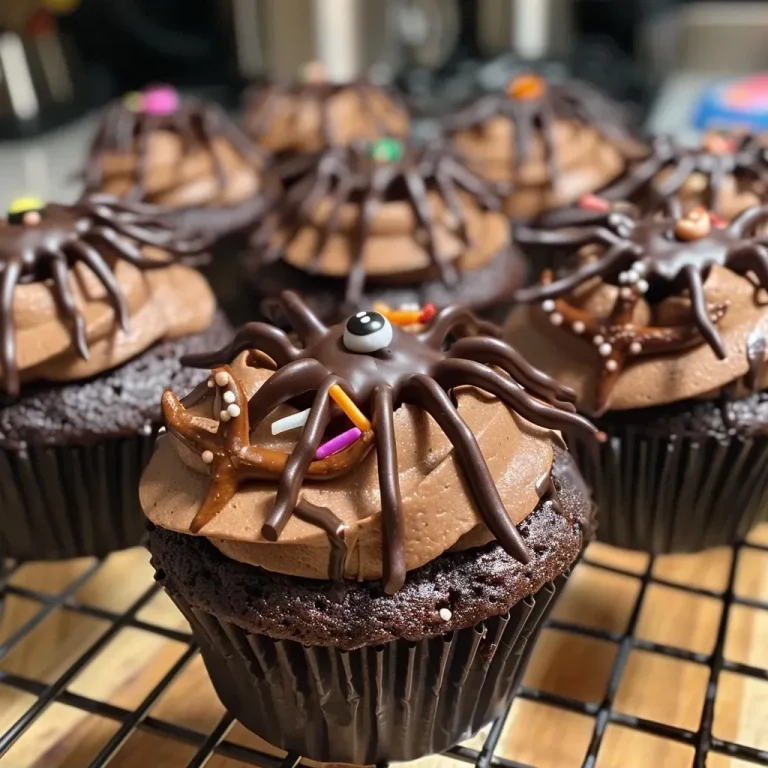 Whimsical Spider Cupcakes: A Spooky Treat That Brings Joy to Every Bite Close-up view of spider-themed cupcakes decorated with chocolate and pretzel legs.