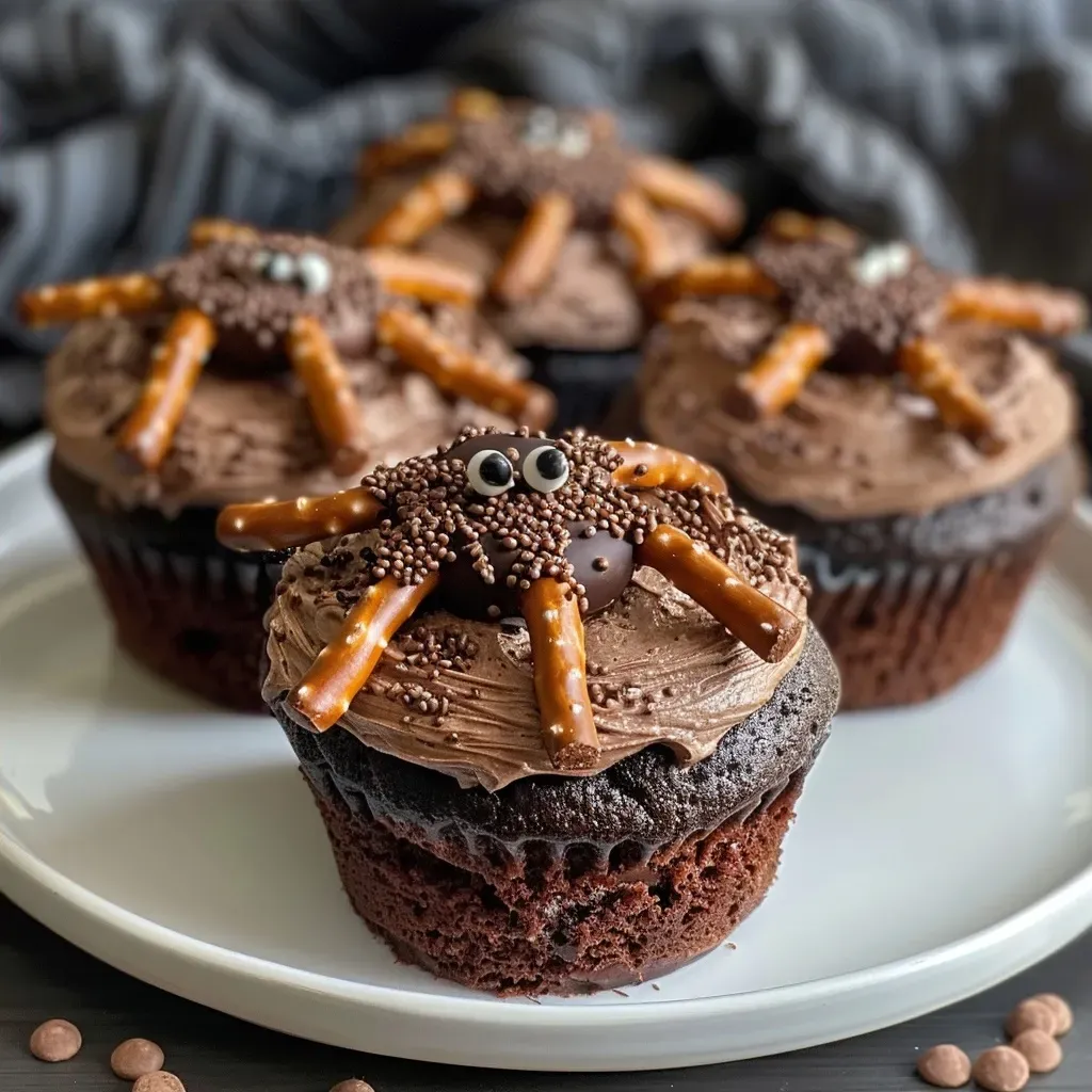 Side view of delicious cupcakes resembling spiders, featuring candy eyes and sprinkles.