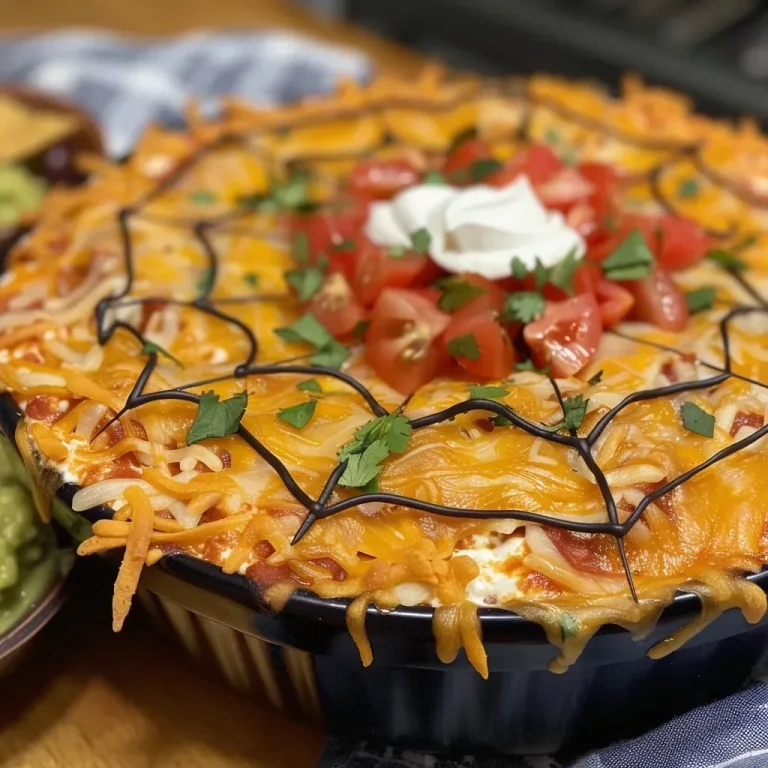 A Spooktacular Feast: Crafting the Perfect Spider Web Taco Dip for Halloween Gatherings Close-up view of creamy Spider Web Taco Dip with a spider web design on the surface.