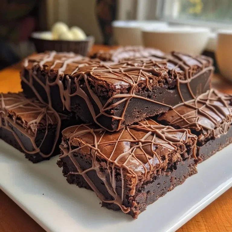 Close-up view of decadent Spiderweb Brownies with a glossy top.