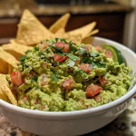 Close-up of creamy guacamole topped with sour cream in a spiderweb pattern, served with tortilla chips.