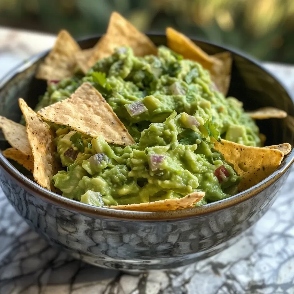 Side view of vibrant green guacamole with a decorative sour cream swirl, accompanied by crispy tortilla chips.