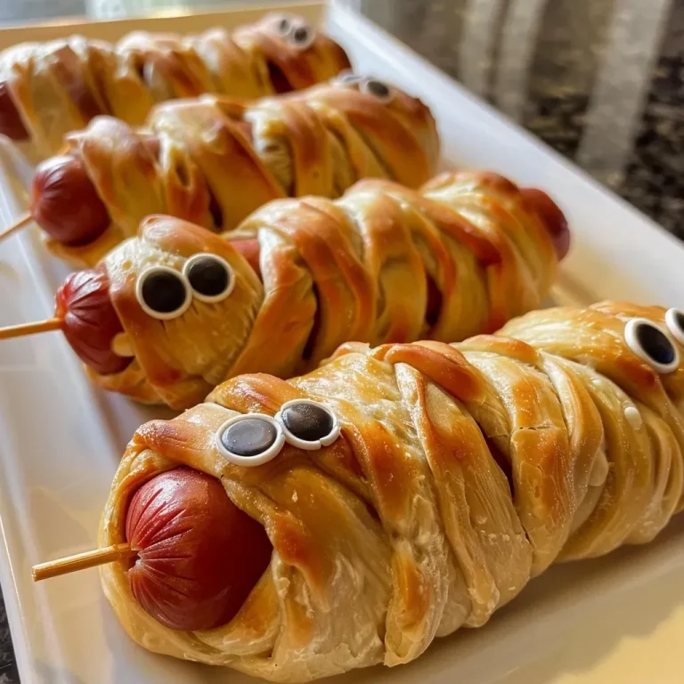 A close-up side view of spooky mummy dogs wrapped in dough with candy eyes.