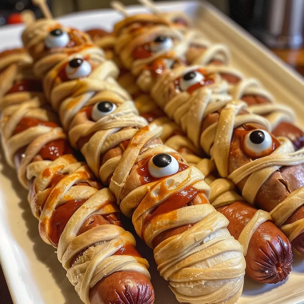 Juicy hot dogs wrapped in golden pastry, resembling mummies, displayed on a plate.
