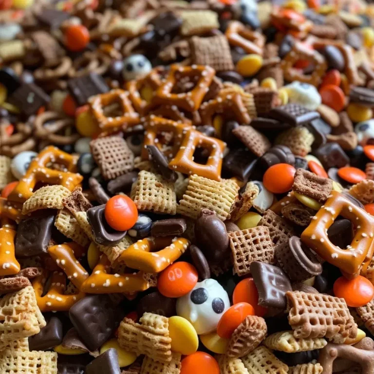 A Bewitching Spooky Snack Mix to Enchant Your Halloween Gatherings Close-up view of a colorful Halloween snack mix featuring cereals, pretzels, and candy.