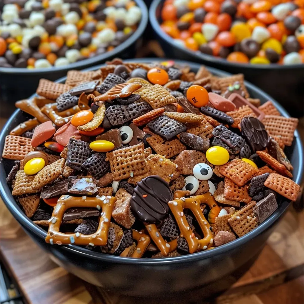Side view of spooky snack mix with chocolate-coated cereals and festive sprinkles.