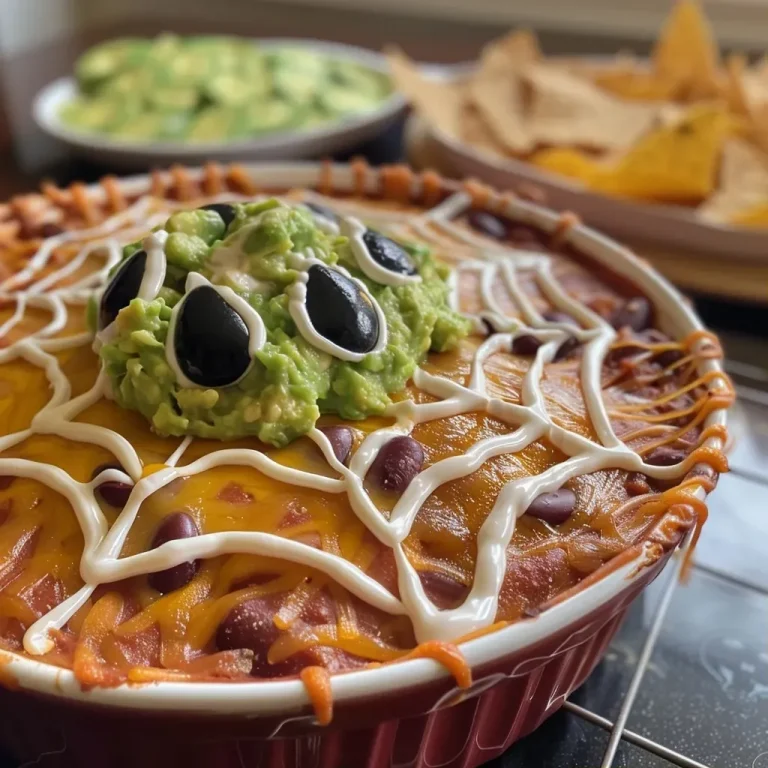 A Bewitching Delight: How My Spooky Spiderweb Dip Turns Halloween Into a Flavorful Feast Close-up view of a creamy spiderweb dip with layers of refried beans, guacamole, and sour cream.