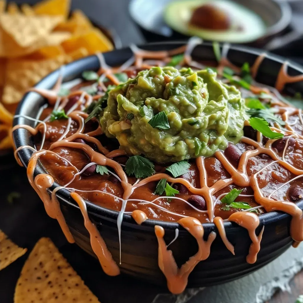 A side view of colorful spooky spiderweb dip featuring guacamole, refried beans, and sour cream.