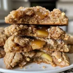 Close-up view of gluten-free, vegan caramel apple cookies with a golden-brown exterior.