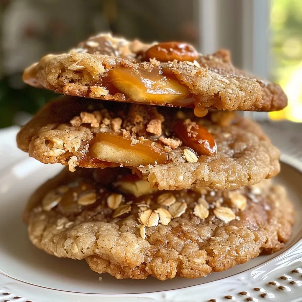 Side view of stuffed caramel apple cookies showcasing the gooey caramel filling.