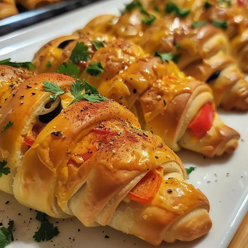 Side view of juicy stuffed pepper mummies with a golden crescent dough exterior.