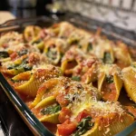 Close-up side view of stuffed pasta shells filled with spinach and ricotta, garnished with fresh basil.