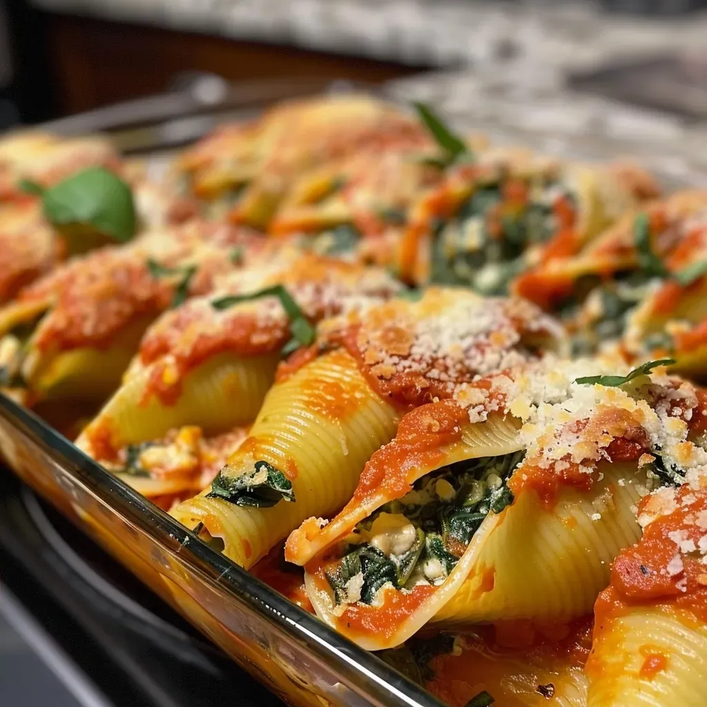 Juicy stuffed shells with a rich tomato sauce, showcasing the creamy spinach and ricotta filling.