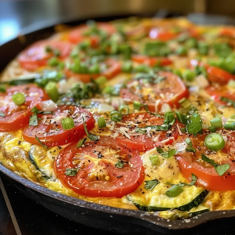 A Slice of Sunshine: The Summer Vegetable Frittata That Brightens Every Table Close-up side view of a colorful Summer Vegetable Frittata with visible zucchini, bell peppers, and tomatoes.