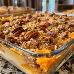 Close-up of a golden-brown Sweet Potato Casserole with a crunchy pecan topping.