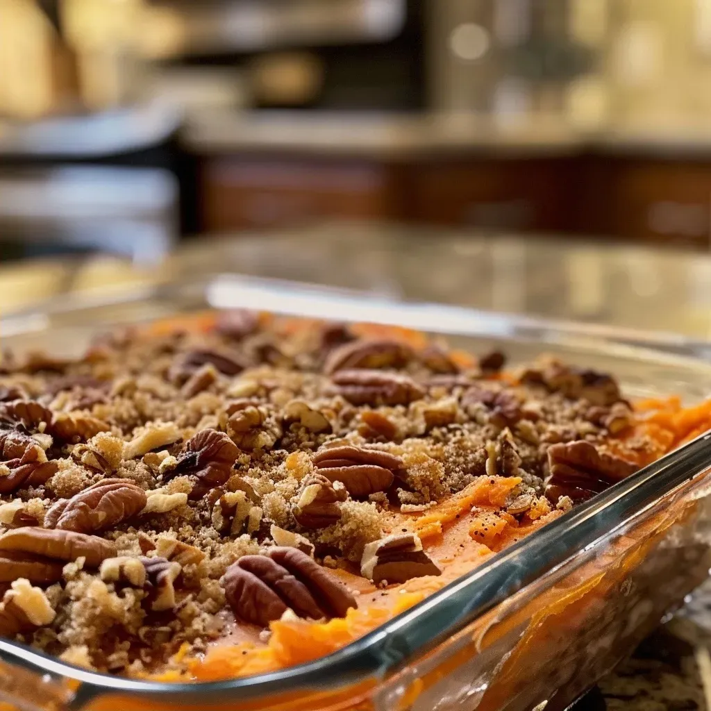 Side view of a deliciously creamy Sweet Potato Casserole presented in a baking dish.